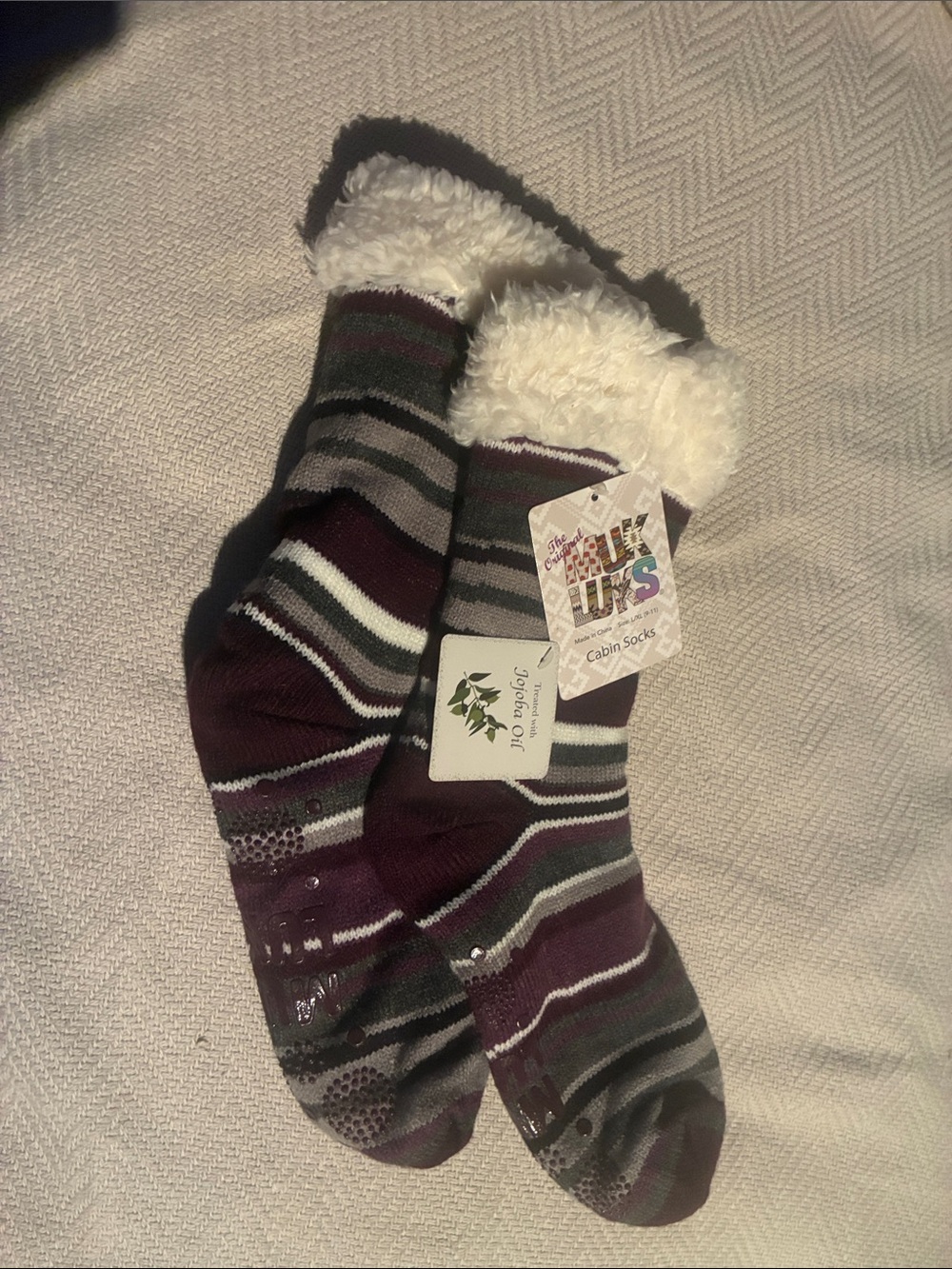 Muk Luks Plush-Lined Striped Cabin Socks - Purple, Gray, White